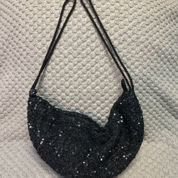 Denise Shardlow Designs Double Arm Strap Zipper Black Sequin Round Bag - Picture 6 of 7